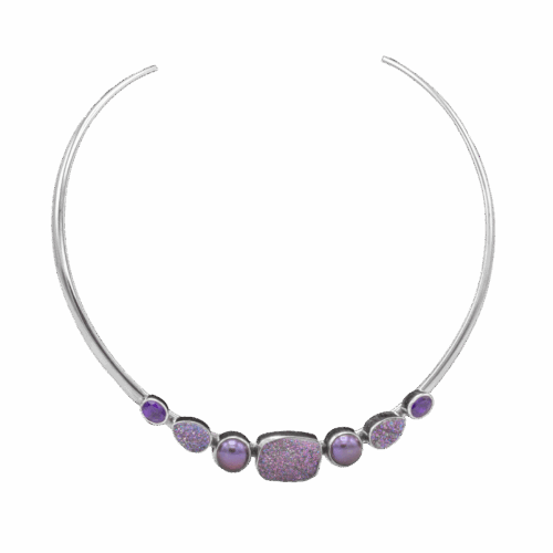 Multi-stone Drusy, Fresh Water Pearl and Amethyst Collar GZ NW 5591