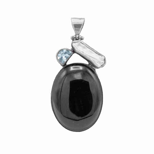 Vintage Onyx, Blue Topaz and Pearl Pendant GZ NW 5776