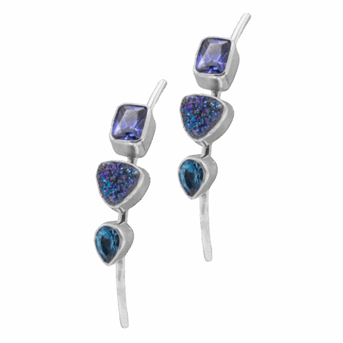 3 Stone Drusy, Blue Topaz and CZ Earrings GZ NW 5826